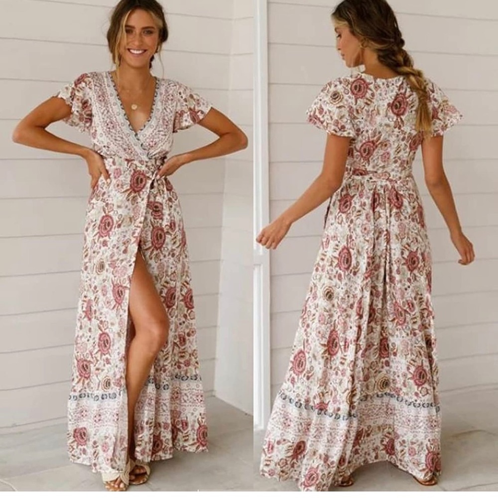 Bohemian Floral Printed Wrap V Neck Short Sleeve Split Beach Party Maxi Dress